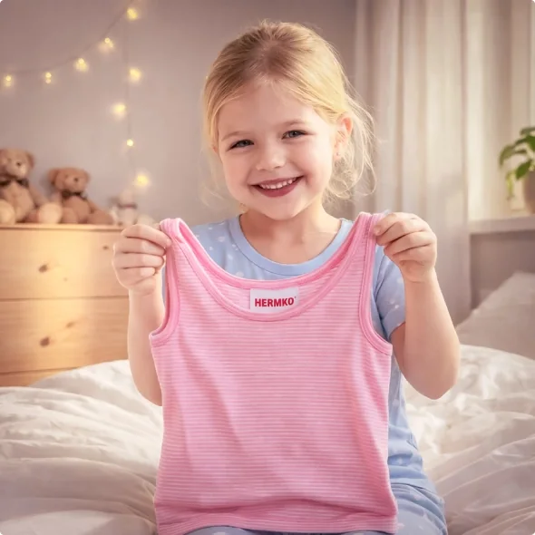 Mädchen in rosa-weiß gestreiftem Unterhemd – HERMKO Kinderunterwäsche
